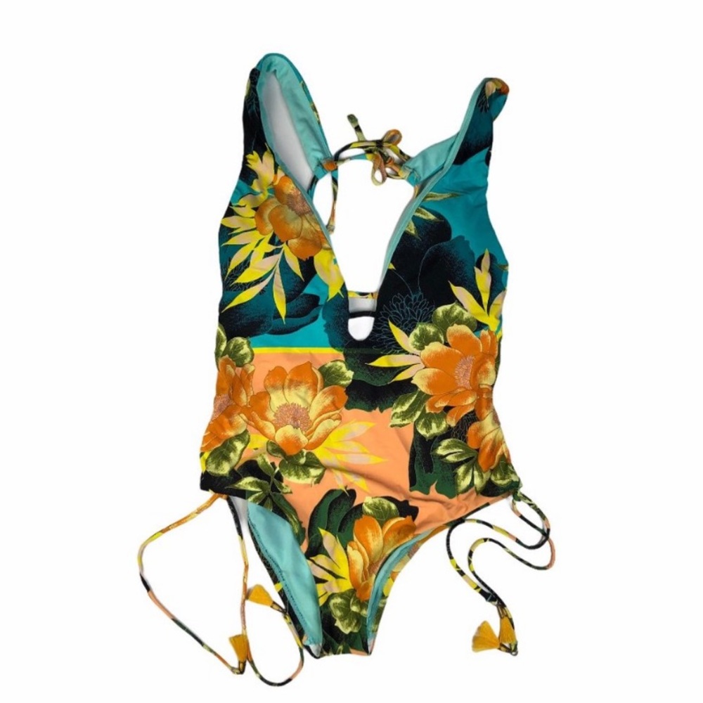 NWT Lucky Brand floral, low cut one-piece swimsuit